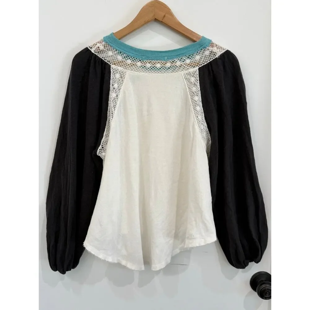 Free People We The Free Electric Night Top Linen Lace Balloon Sleeve Boho Size S